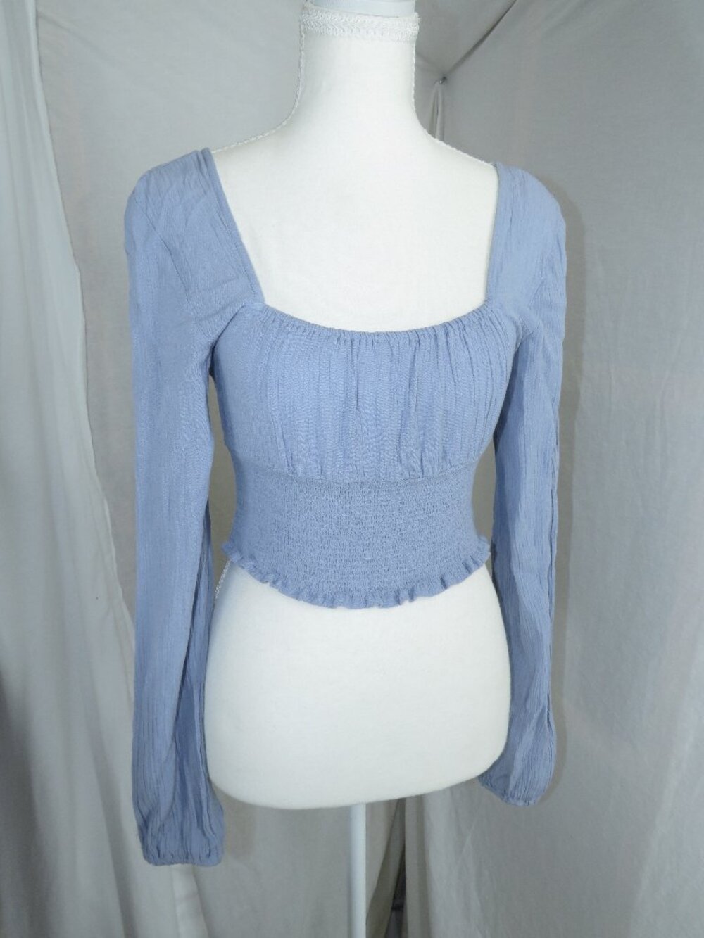 L.A. Hearts Light Blue Crinkle Off‑Shoulder Smocked Crop Top – Cottagecore